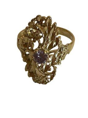 Vintage Gold-Tone Filigree Ring Purple Stone Size 6 Elegant Intricate